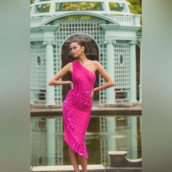 NWT Hutch One Shoulder Ruched Pink Velvet Dress Medium - Picture 3 of 12